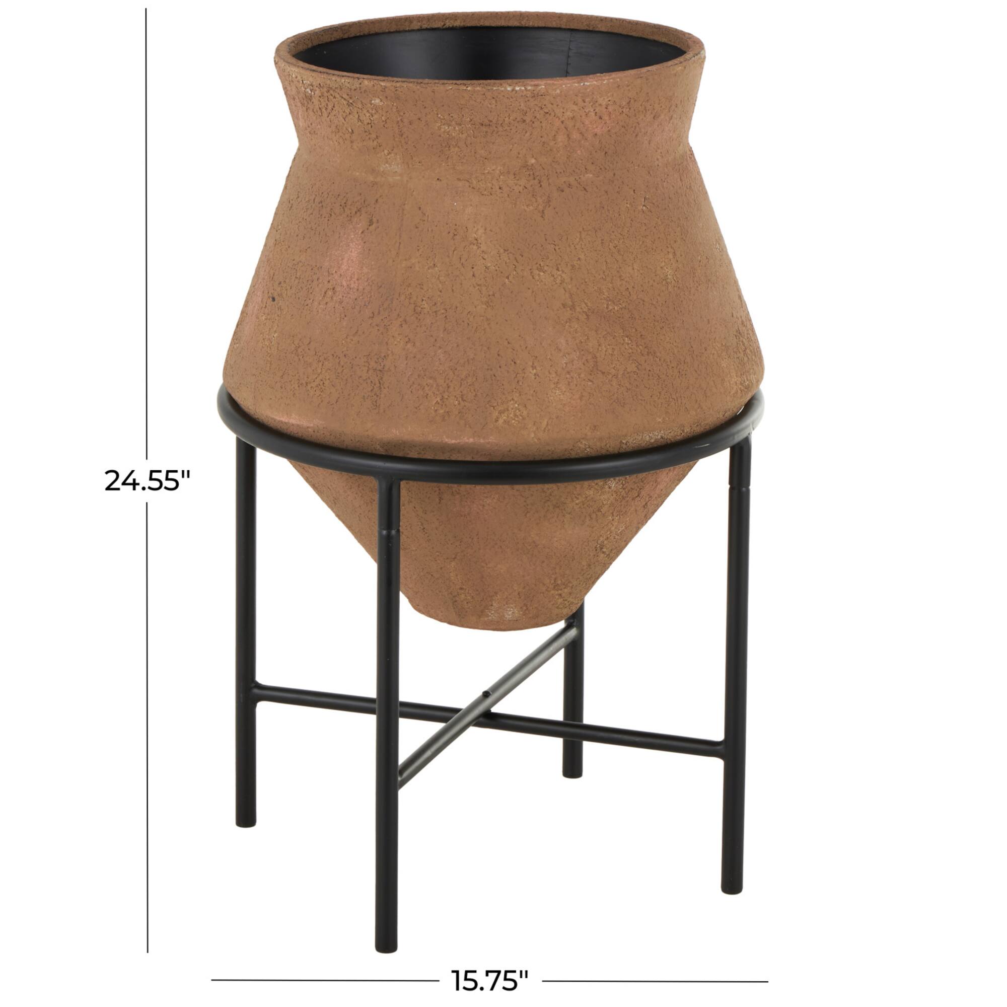 24.5" Brown Metal Wide Decorative Vase with Black Stand